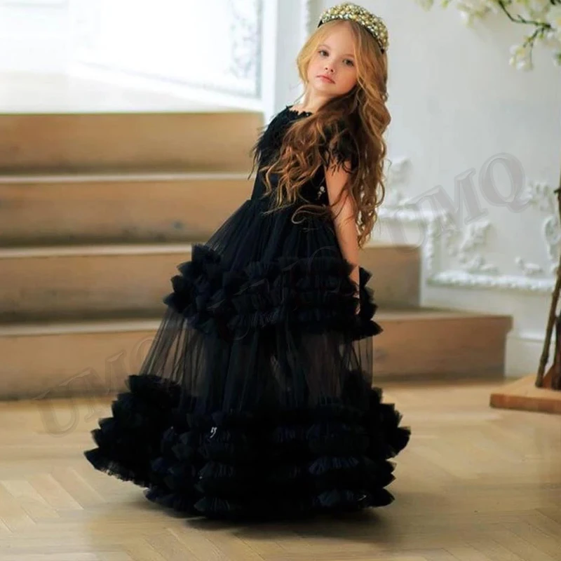 

Элегантное Черное Многоярусное платье для маленьких девочек на день рождения с цветами и перьями для свадебной вечеринки изготовленное на заказ модное платье для первого причастия