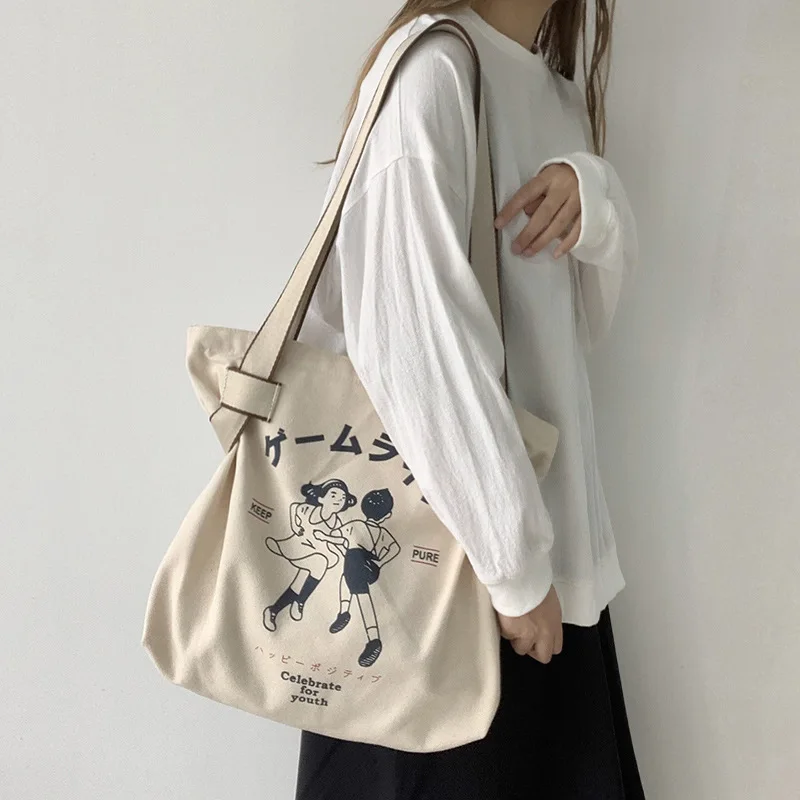

Холщовая Сумка-тоут для женщин 2023, дизайнерская сумка, Брендовая женская сумка-шоппер в японском стиле ретро, мультяшный аниме-принт, сумка на плечо для девушек