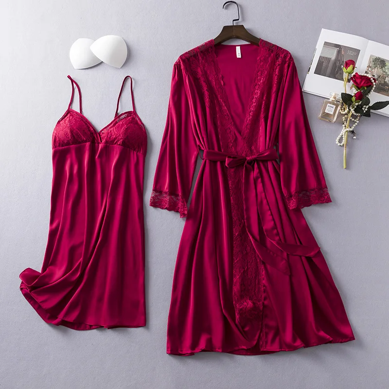 

2PCS Robe Set Summer Women Full Slip Lace Nightwear Short Home Wear Kimono Bath Gown Satin Casual Sleepwear Intimate Lingerie