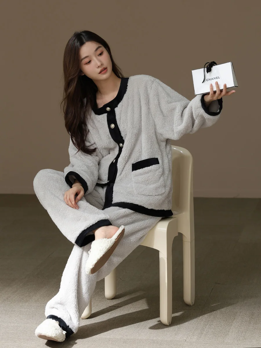 [Утолщенная флисовая подкладка] Женские теплые пижамы осенне-зимний комплект из