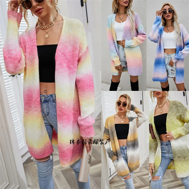 

2022 winter sweater rainbow tie-dye mid-length plus size cardigan pocket knitted jacket women