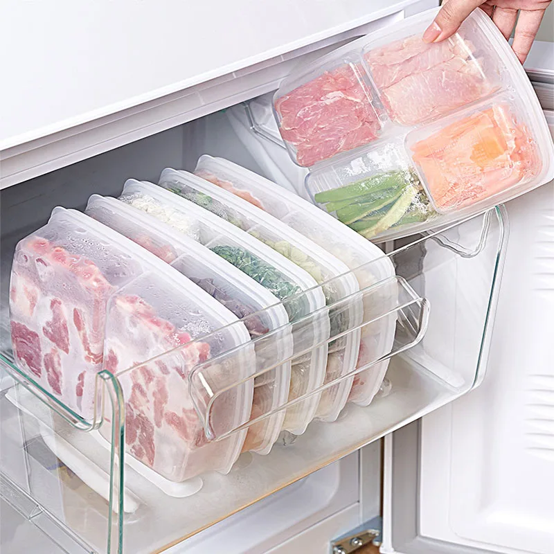 

4 Grids Food Fruit Storage Box Portable Compartment Refrigerator Freezer Organizers Sub-Packed Meat Onion Ginger Clear Crisper