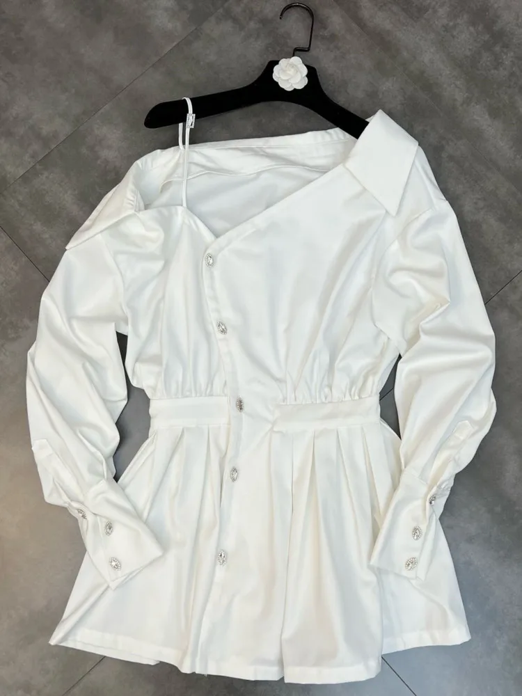 

J GIRLS 2022 Summer New Collection Long Sleeve Skew Collar Diamonds Buttons White Slim Short Shirt Dress White GE591
