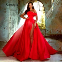 sumnus red high slit prom dress off the shoulder pleats satin sexy prom gown a line long women party dresses robe de soiree