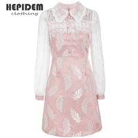 hepidem clothing pink fashion designer summer short dress women long sleeve patchwork flower print vintage jacquard dress 98177
