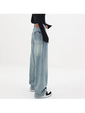 Streetwear Style Vintage High Waist Blue Straight Jeans Pants Korean Fashion Women's Casual Wide Leg Baggy Y2K Denim Trouser