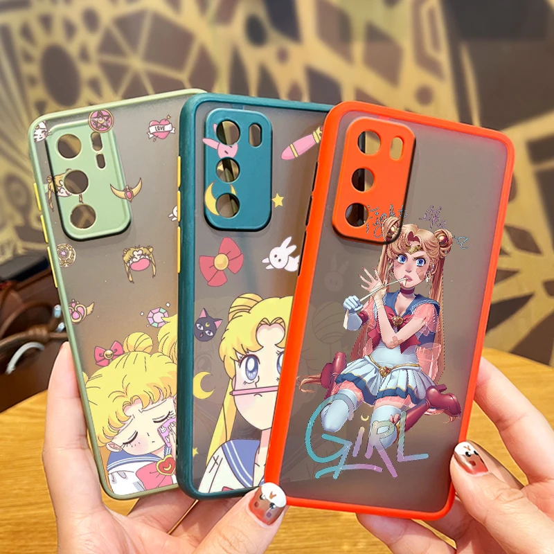 

Hot Anime Sailor Moon For Huawei P50 P40 P40 P30 P20 Mate 40 20 10 Nova 8 3i 2i Frosted Translucent Phone Case Fundas Capa Cover