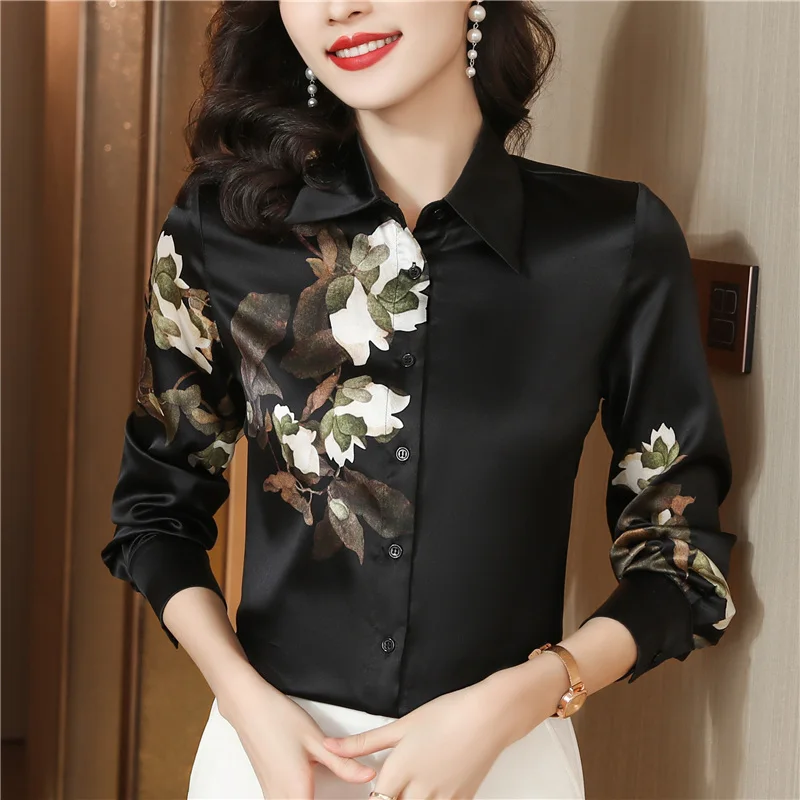

New Summer Shirt Women Blouse Long Sleeve Satin Flower Lapel Korean Fashion