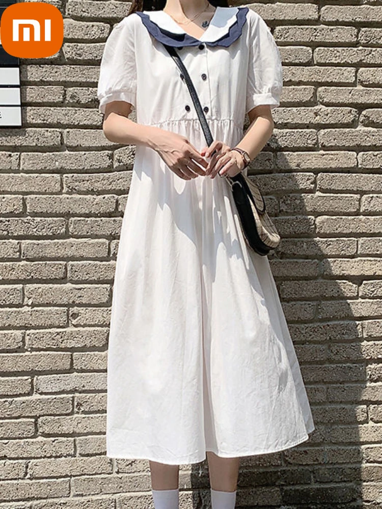 

Xiaomi Kawaii Preppy Style Dress Women Summer White Short Sleeve Dress Mid-Calf Elegant Vintage Korean Fashion Streetwear