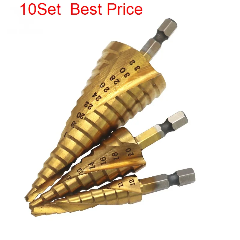 

10Sets/lot Spiral Groove Step Drill Set 4-32,4-20,4-12mm Titanium Plated Hexagonal Shank Reamer Pagoda Drill