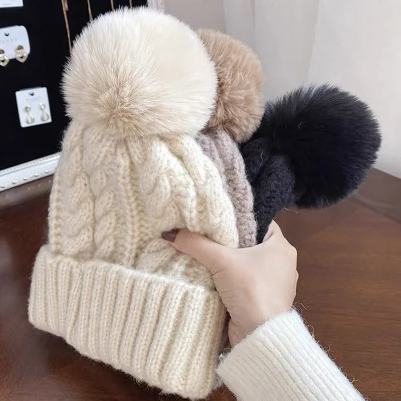 

thicken Fur Pom Knitted Beanies Hat Female Plush Winter Fleece-lined Warm Hats for Women Girl's Outdoor Woolen Thermal Gorro Cap