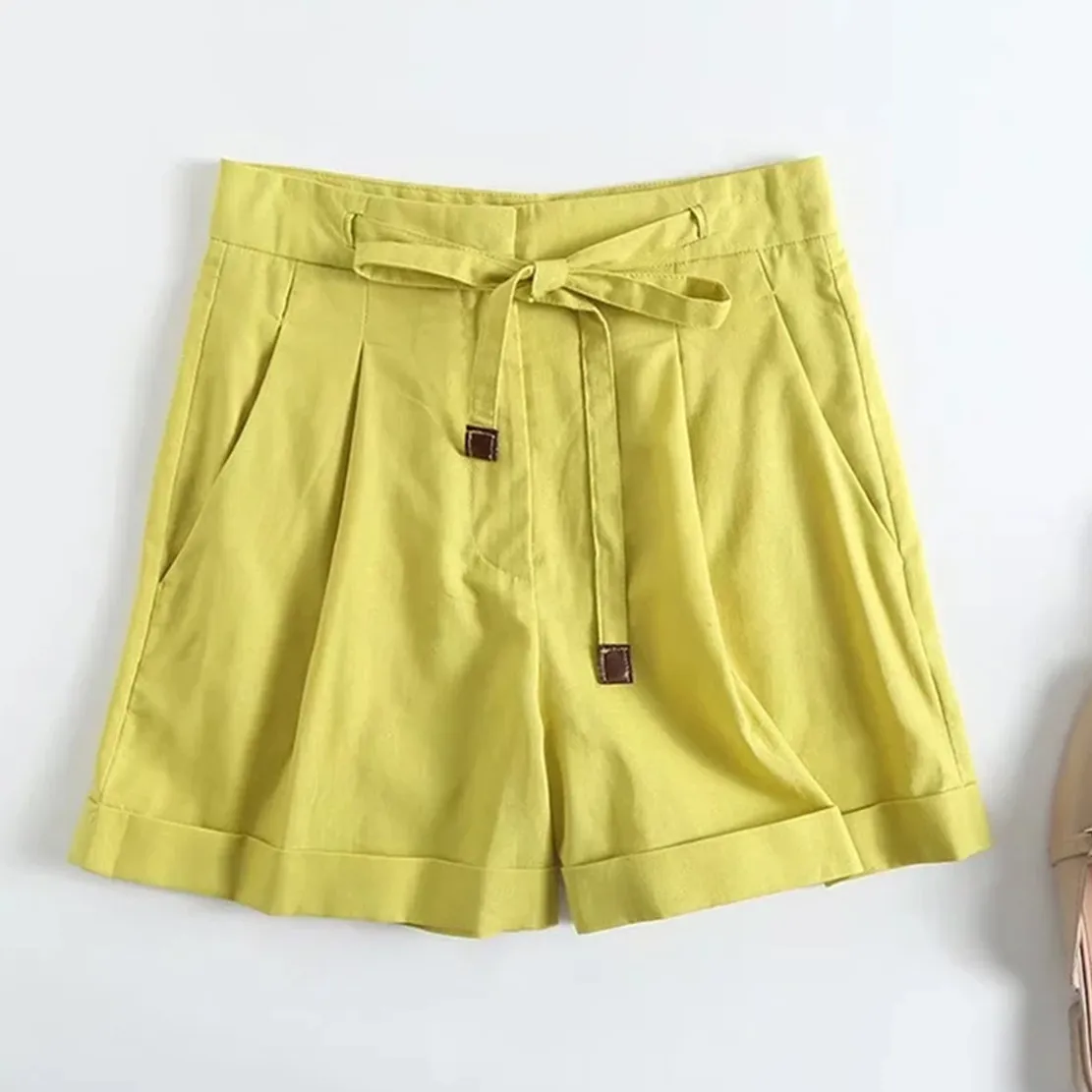 Elmsk Fashion Casual Shorts Sashes Pleated Medium England Style Wasit Loose Bermuda Linen Cotton Shorts Women