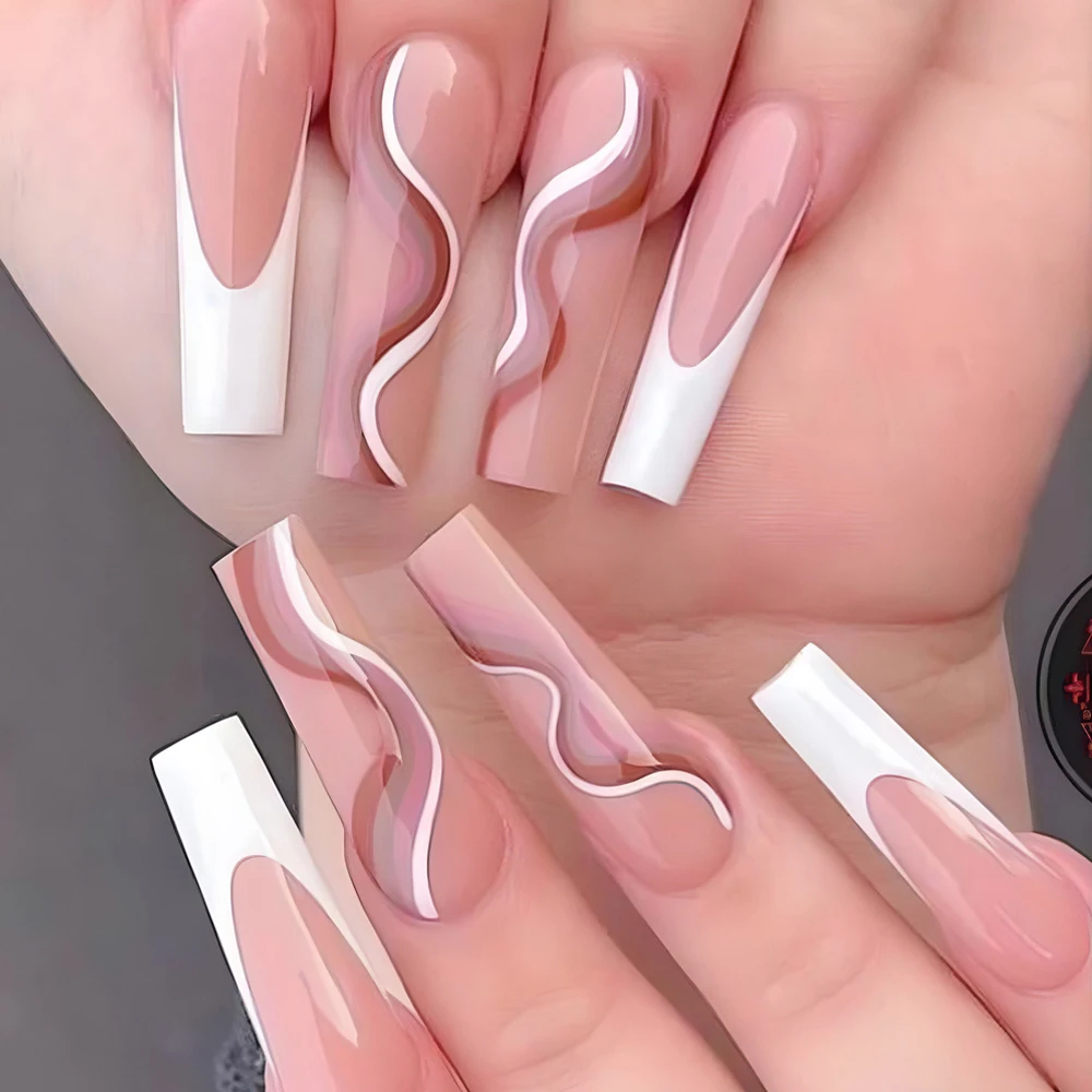 

Новые Накладные ногти с волнистым узором с дизайном, длинный Маникюр балерины, французский гроб, Набор накладных ногтей, нажимные ногти