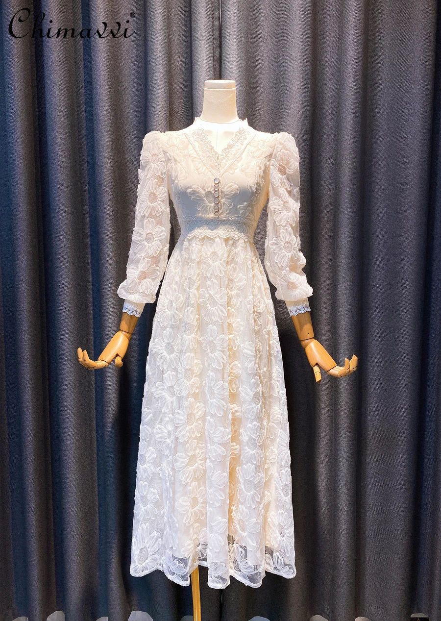 

Elegant High Waist Slim Fit Puff Sleeve Dress Women Mesh Floral Lace Long Sleeve Dress Lady Long Sleeve A Line V Neck Long Dress