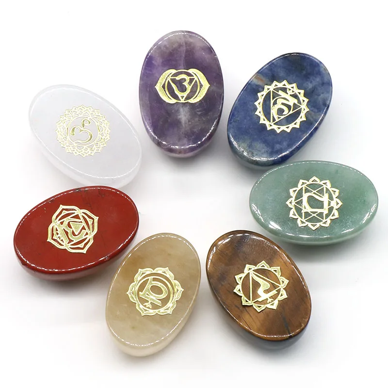 

7Pcs Natural Stones Egg shape Reiki Healing crystal Gemstone Colorful Engraved Seven Chakra Symbols Ellipse Yoga stone