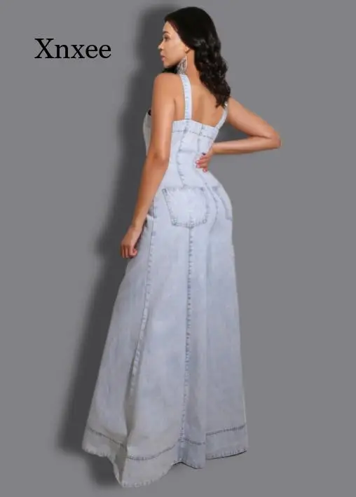 Spring Autumn New Women Denim Jumpsuits Loose Slim Single-Breasted Jumpsuits Women Strap V Neck Wide Leg Pants Denim Jumpsuits