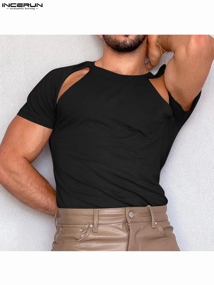 

INCERUN Solid Color Men T Shirt O-neck Short Sleeve Hollow Out Streetwear Sexy Casual Men Clothing 2022 Fashion Camisetas S-5XL