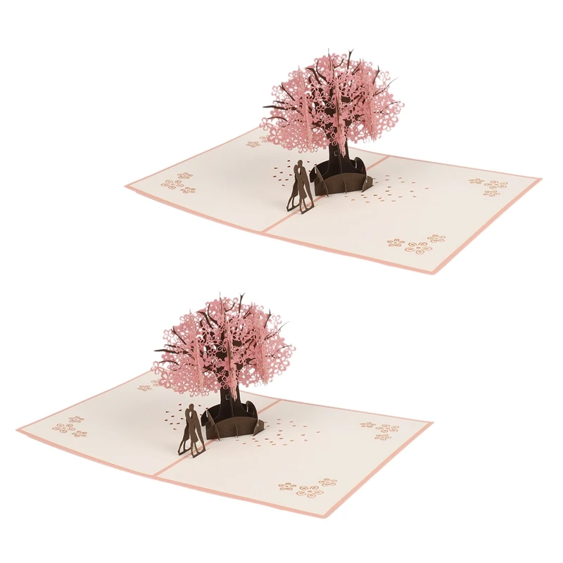 

2X Handmade Up Romantic Birthday, Anniversary, Dating Card Cherry Blossom Tree With Couples