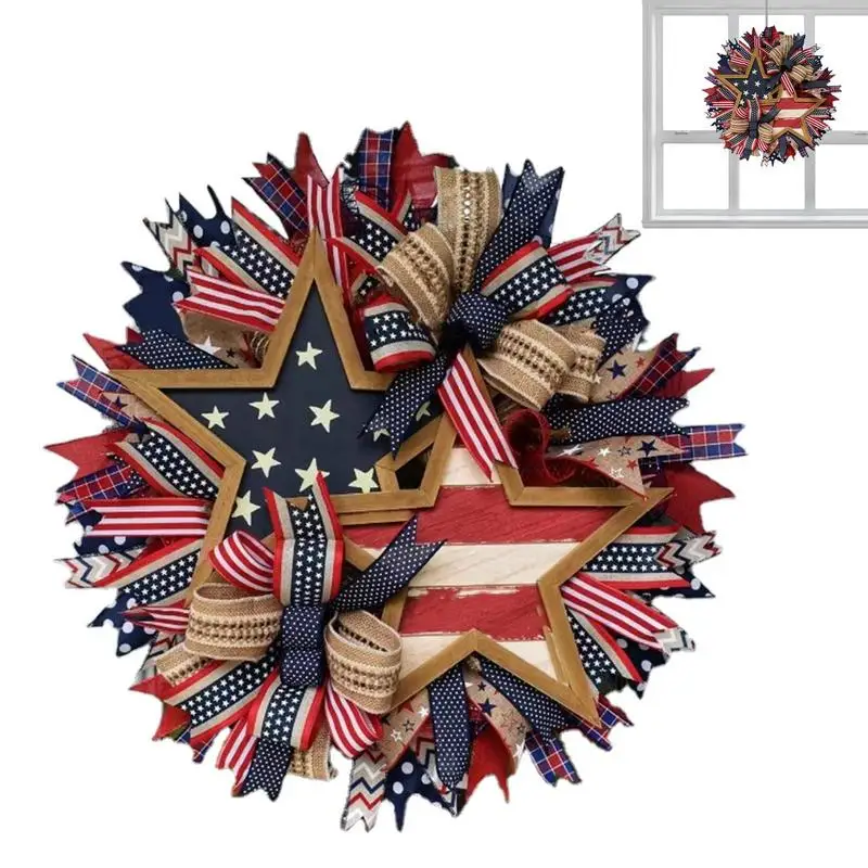

American Flag Wreath July 4th Wreath Patriotic Americana Wreath 16in 4th Of July Decor Red White Blue Ribbon Star Decor Front