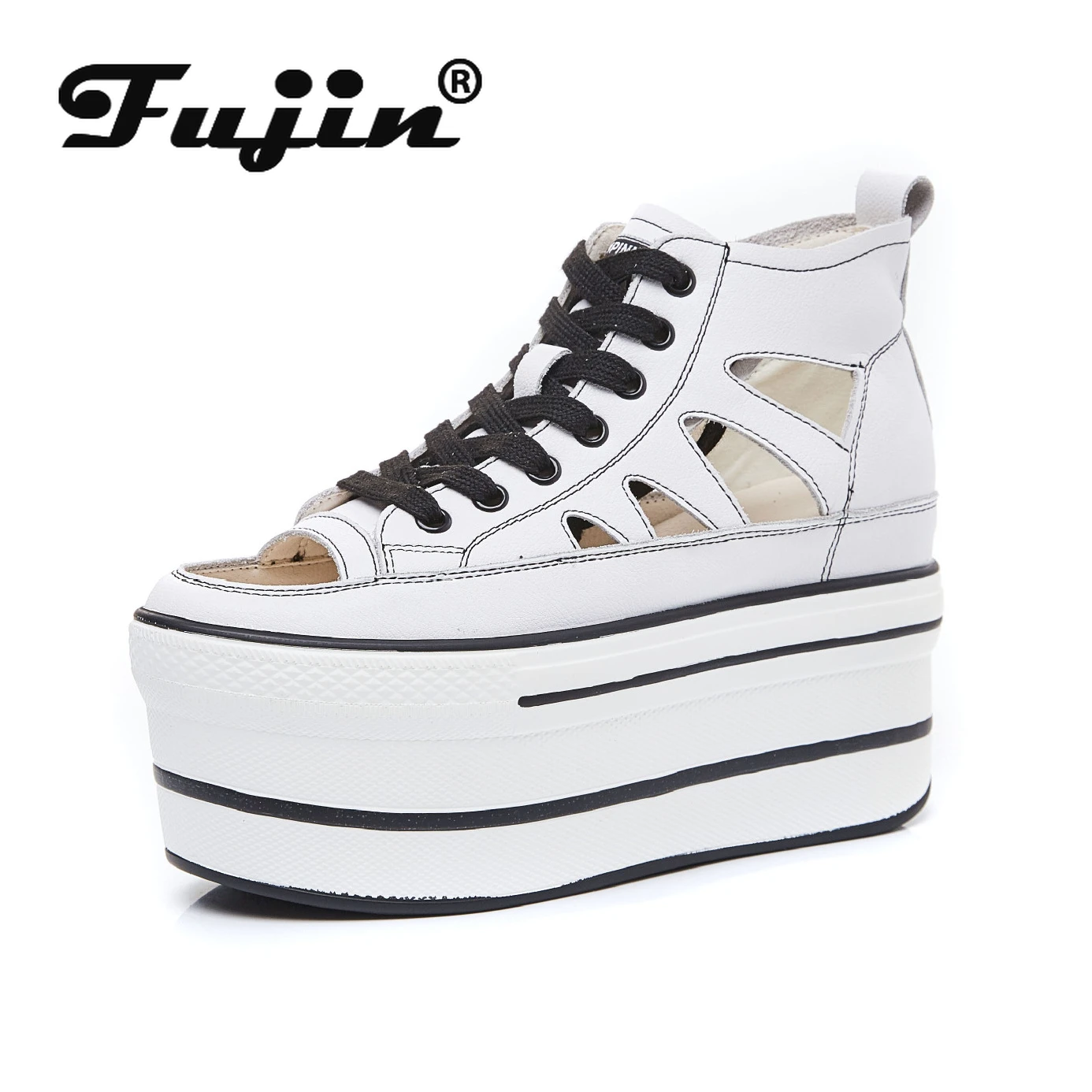 

Fujin 10cm Full Cow Genuine Leather Women Platform Sandals Wedge High Heel Women Summer Shoes High Top Hollow Sandals Boots