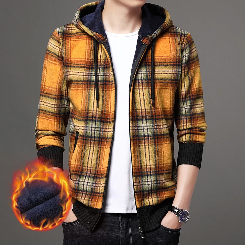 

Top Quality New Brand Fashion Woolen Baseball Collar Thick Velvet Casual Jacket Men Hooded Plaid Cardigan Coats Men Clothes