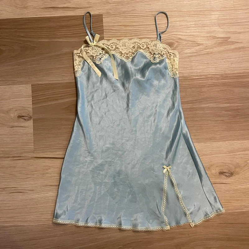 Vintage Fairycore Grunge Backless Short Dress Y2K Satin Lace Trim Split Mini Dress 2000s Retro Aesthetics Women Bodycon Clothes