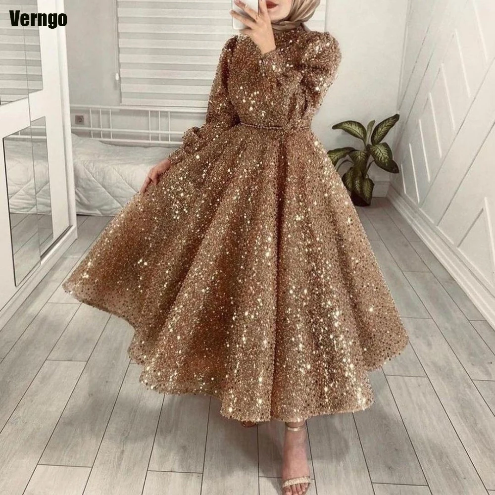 

Блестящие арабские мусульманские Вечерние платья Verngo с длинным рукавом трапециевидные блестящие свадебные платья со шнуровкой бусинами женское платье