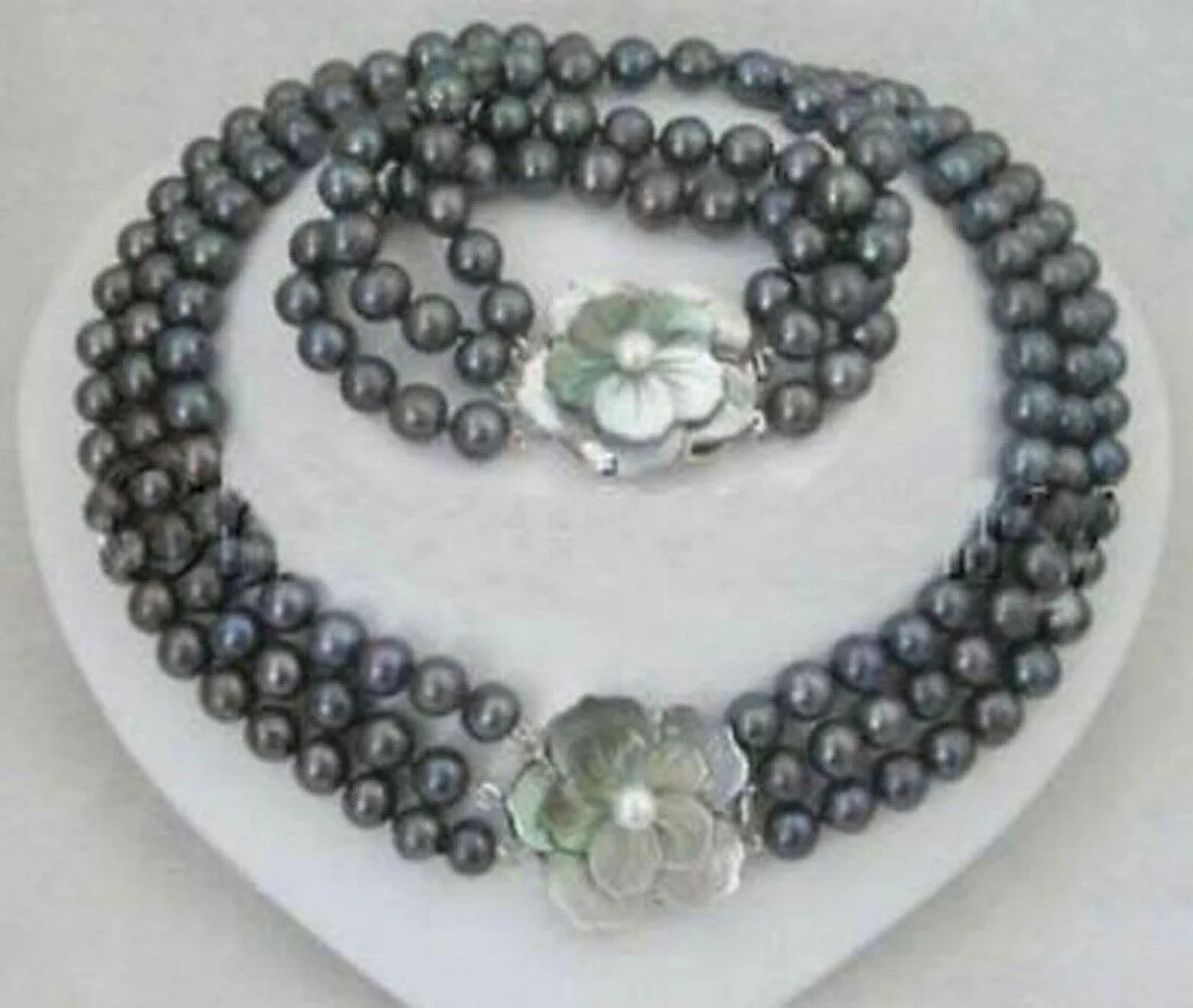 

3 Row 7-8mm Tahitian Black Baroque Pearl Necklace Bracelet Set Flower Clasp