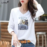 t shirts office lady v neck spring autumn solid long sleeve broadcloth comfortable leisure korean all match womens clothing