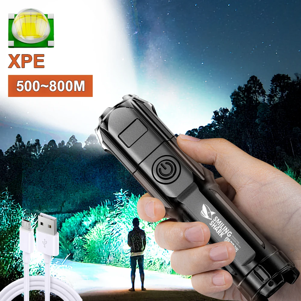 

Strong Light LED Flashlight USB Charging Zoomable Tactical Flashlight Portable Outdoor Camping Hiking Torch Emergency Lamp
