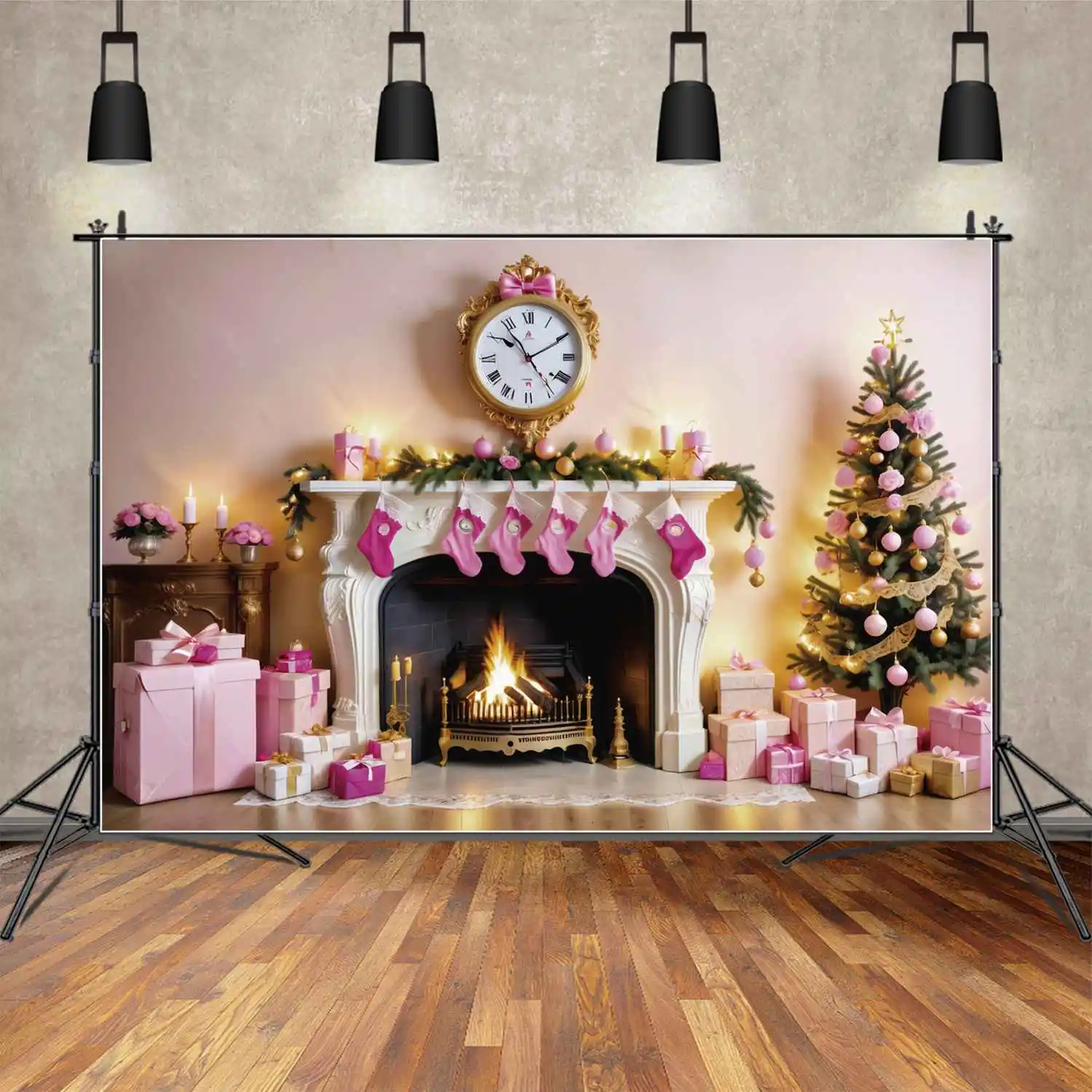 

MOON.QG Backdrop Christmas Novelty Decorations for Home Background Pink House Fireplace Tree Gift Clock Photography Accessories