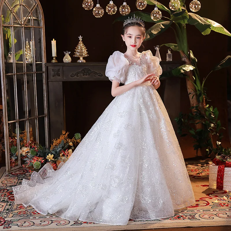 

Fancy Flower Girl Long White Dress Children Show Performance Dresses Kids Sequins Luxury Gowns Girls Elegant Prom Vestidos