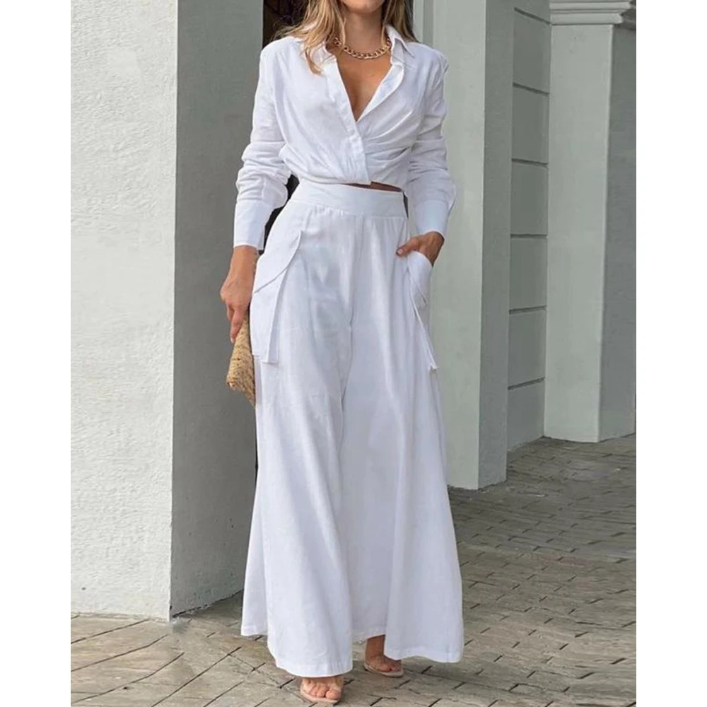 Women Casual V-Neck Ruched Long Sleeve Shirts & High Waist Pants Set Female Two Piece Suit Sets Outfits Set Summer Workwear