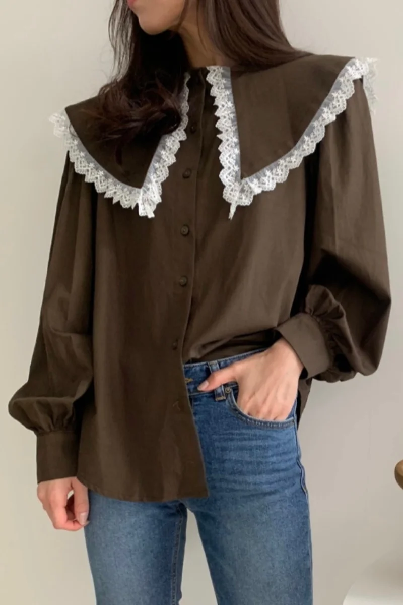 Женская блузка Корейская Шикарная новая свободная кружевная рубашка с кукольным