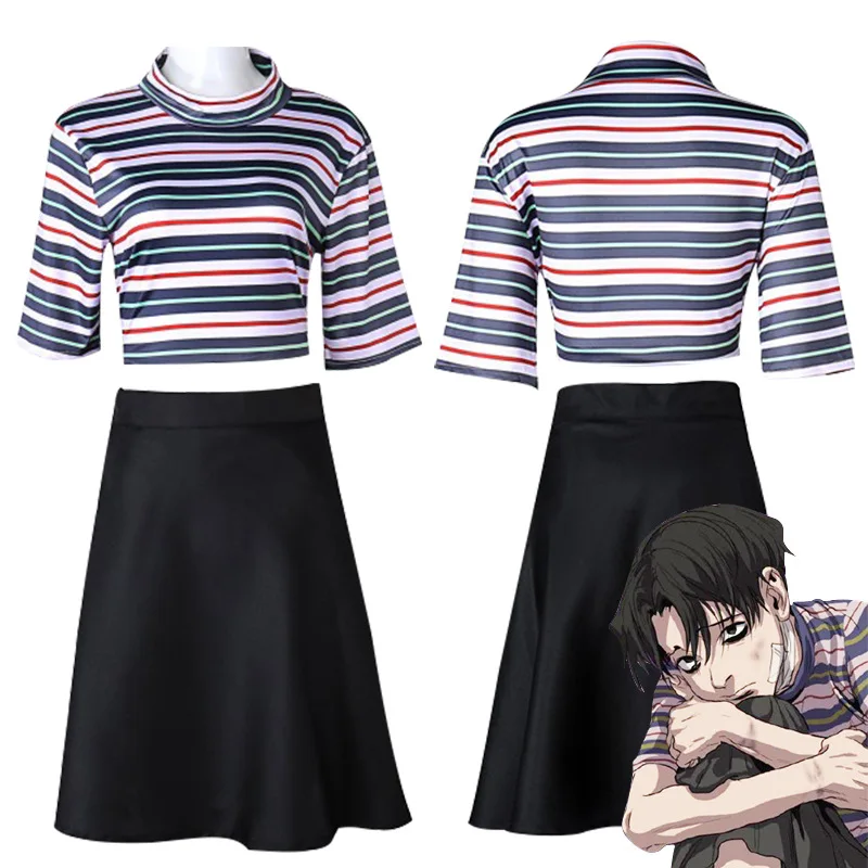 

Anime Killing Tracking Cos Fatal Tracking Run Fan Yin Fan Cosplay Costume Woman Striped T-shirt + Black Skirt Two-piece Suit