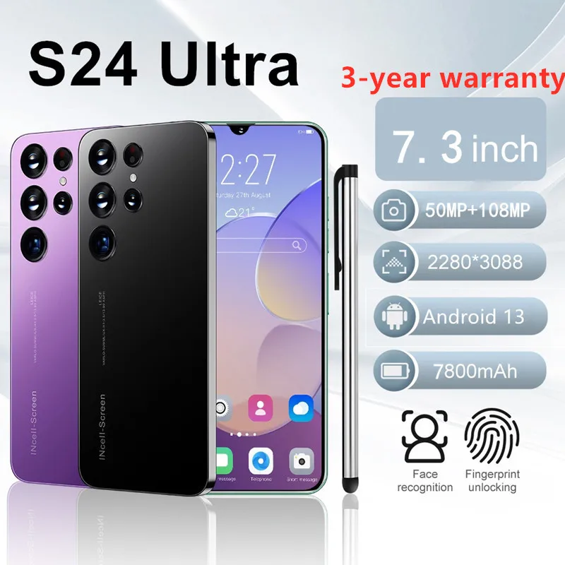 

Mobile Phones S24 Ultra 7.3 HD Screen SmartPhone Original 16G+1T 5G Dual Sim Celulares Android Unlocked 108MP 7800mAh Cell Phone