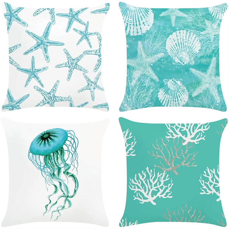 

45*45cm Ocean Starfish Jellyfish Coral Print Pillowcase Home Decorative Throw Pillow Case For Sofa Car Cushion Cover Decoration
