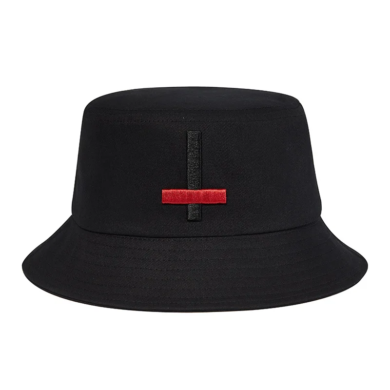 

2023 New Cotton Fisherman Hats Hip Hop Cross Embroidered Bucket Hat Black