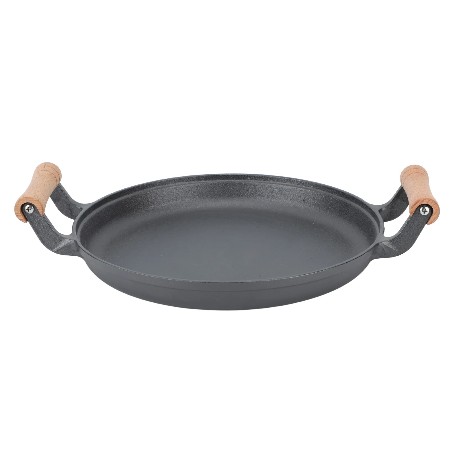 

BBQ Grill Pan with Dual Wooden Handles Round Cast Iron Steak Frying Meat Roasting Skillets for Barbecue Gatherings