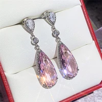 wholesale pink cz drop dangle earrings for women luxury elegant female accessories dance party statement jewelry