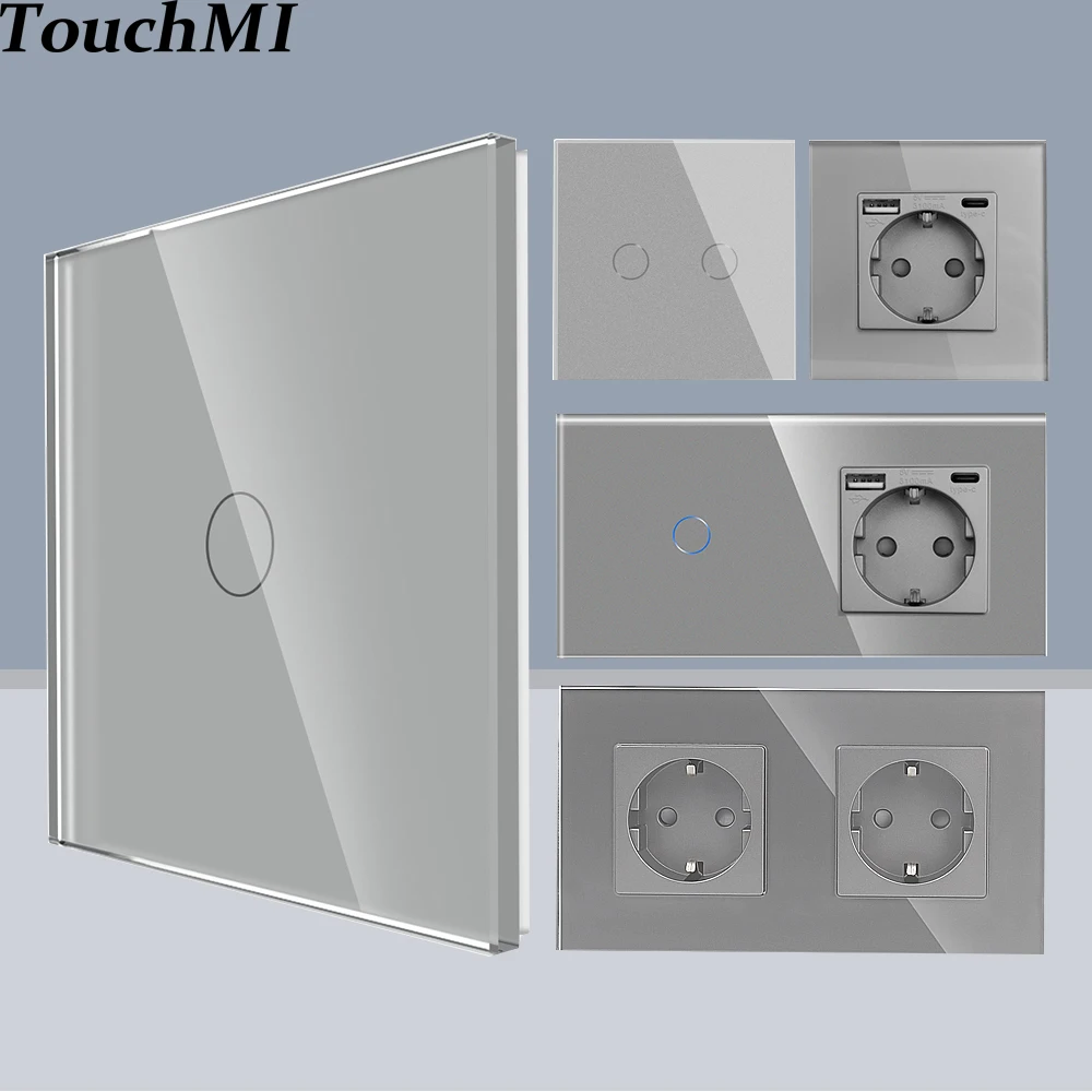 

TouchMi Touch Glass Switch 1/2/3Gang 1Way Wall Light Switch Plus EU Power Socket with USB Type-C Interfaces Blue BackLight 220V