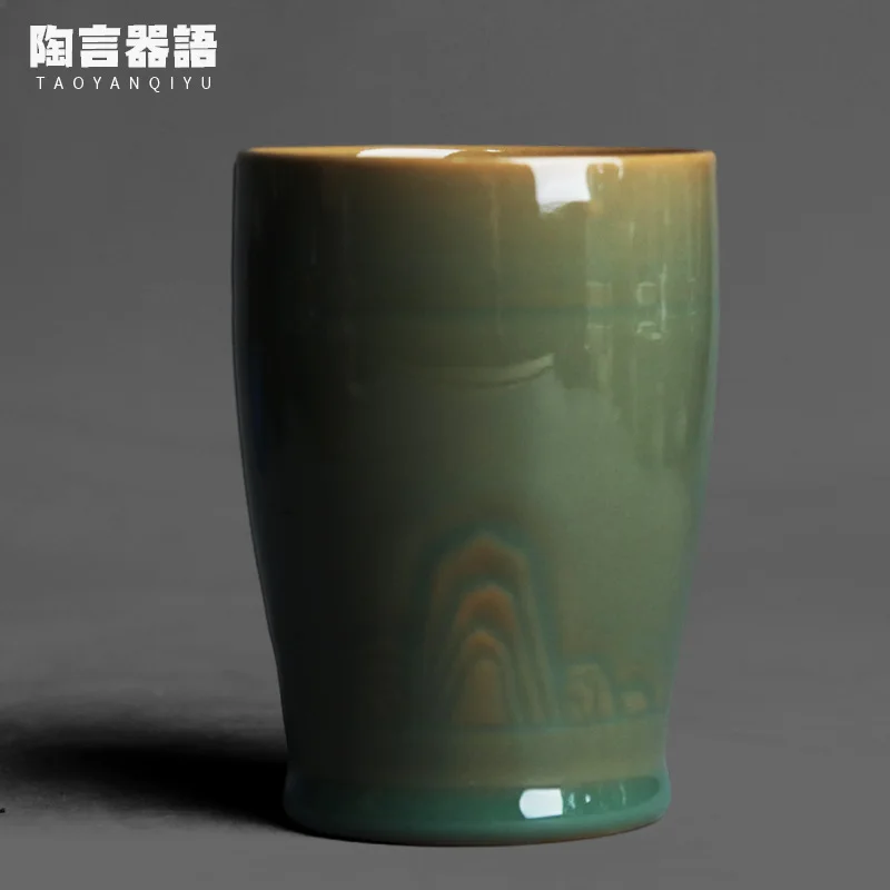 

Yue kiln celadon relief mountain view personal cola mug raw ore glaze retro pottery milk coffee ceramic drinking water single cu