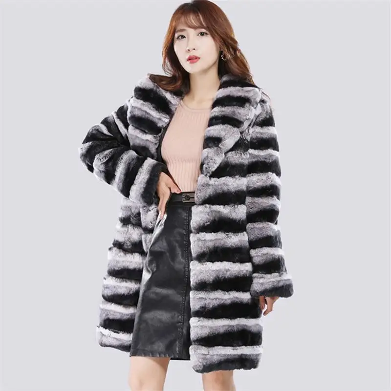 Street Otter Rabbit Fur Imitation  Coat Women's Winter Warm Mink  Casual Medium Long Thick Trench