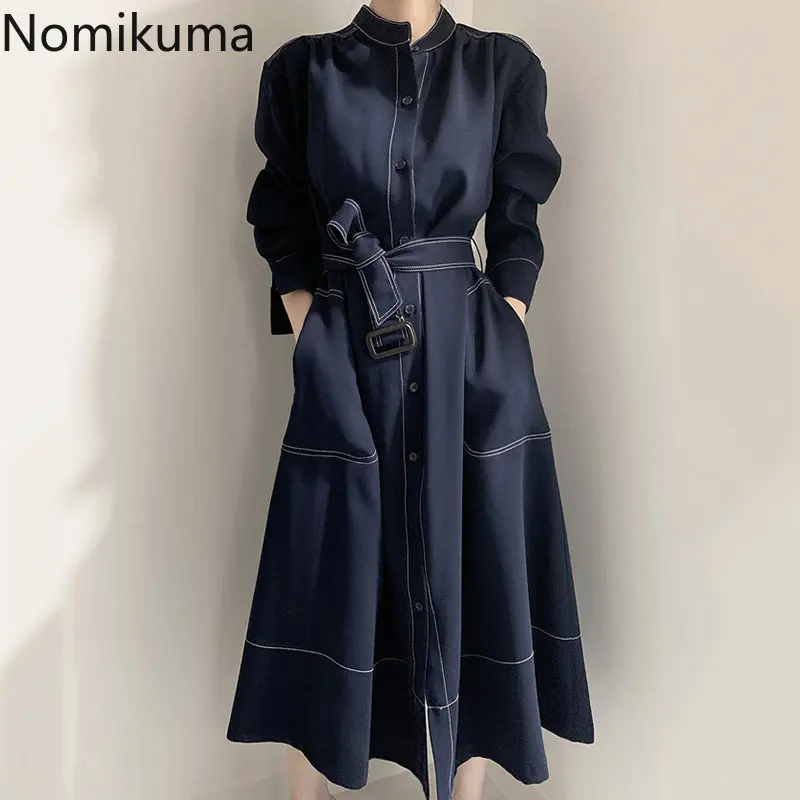 

Nomikuma платья для женщин 2022 стоячий воротник пышные рукава шнурок свободные шикарные Vestidos De Mujer винтажные элегантные женские Vetement Femme