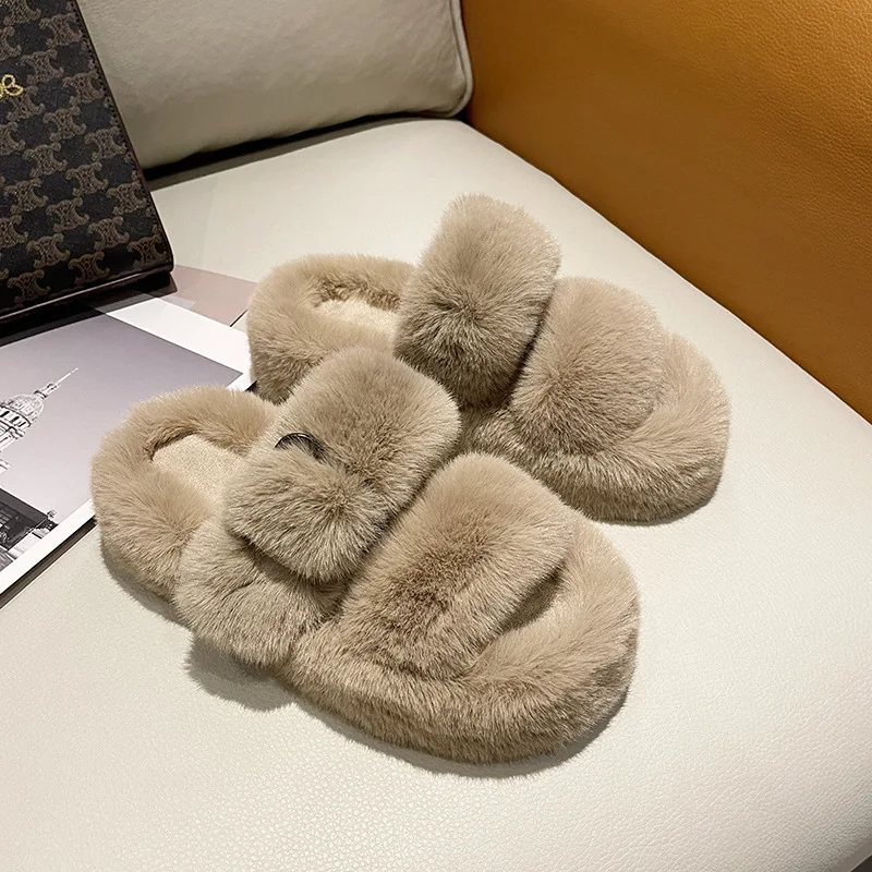 

Winter Fashion Soft Warm Comfort Flat Fur Slipper Brand Designer Slip on Loafers Mules Flip Flops Casual Indoor Zapatillas Mujer