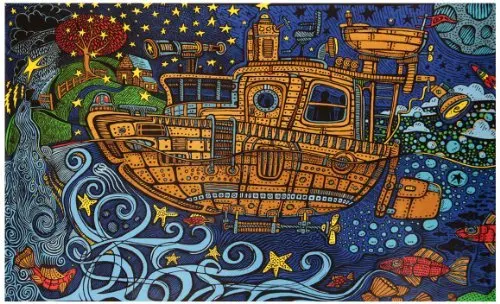 

Free Shipping 3D Steampunk Tugboat Tapestry Wall Hanging Trippy Table Cloth Magical Dorm Decor - Huge 60x90 Inches