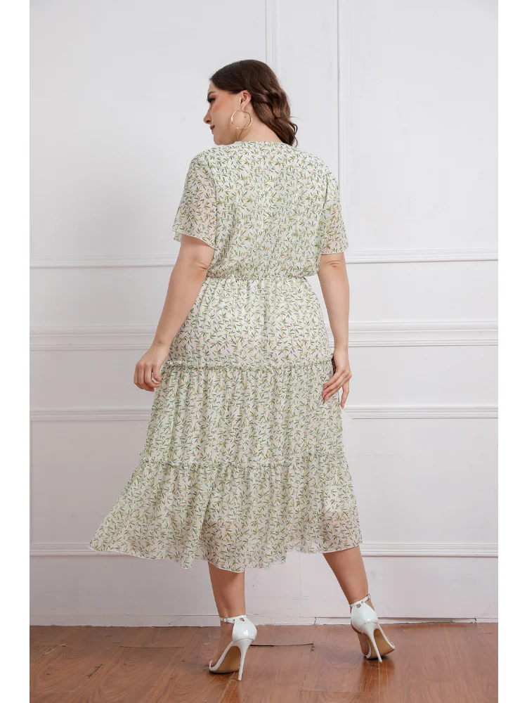Large Women's Summer New Fat Sister V-neck Fragmented Flower Short Sleeve Chiffon Dress plus size dresses