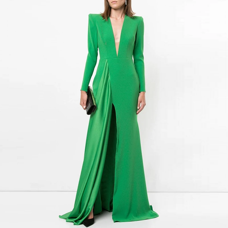 New Fashion Sexy Elegant V-neck High Waist Floor-length Long Sleeve Solid Color High Quality Celebrity Evening Prom Dress Women