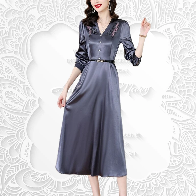 Spring Summer Women Embroidery Satin Design Leisure Long sleeve Holiday Dress Temperament High Quality Woman Long Dress