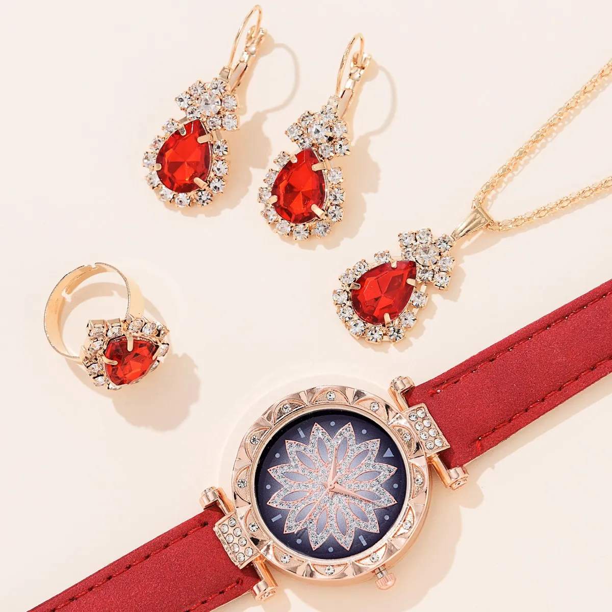New 5pcs Set Watches Women Leather Band Ladies Watch Simple Casual Women Analog WristWatch Bracelet Gift Set Montre Femme